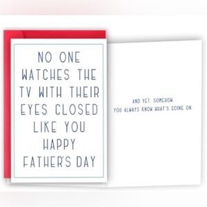 Father's Day Humorous Greeting Card with Red and White Design - TV Eyes Closed